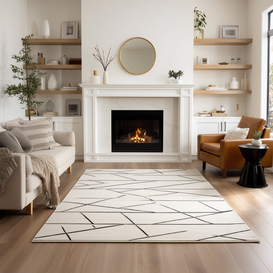 Living room interior featuring a lit fireplace, beige sofa, leather armchair, decorated shelves, plants, and a geometric patterned rug