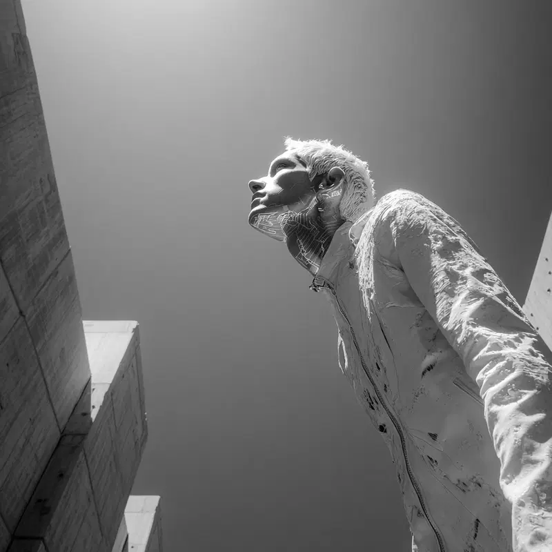 Black and white portrait of a man with a futuristic and textured jacket looking upwards