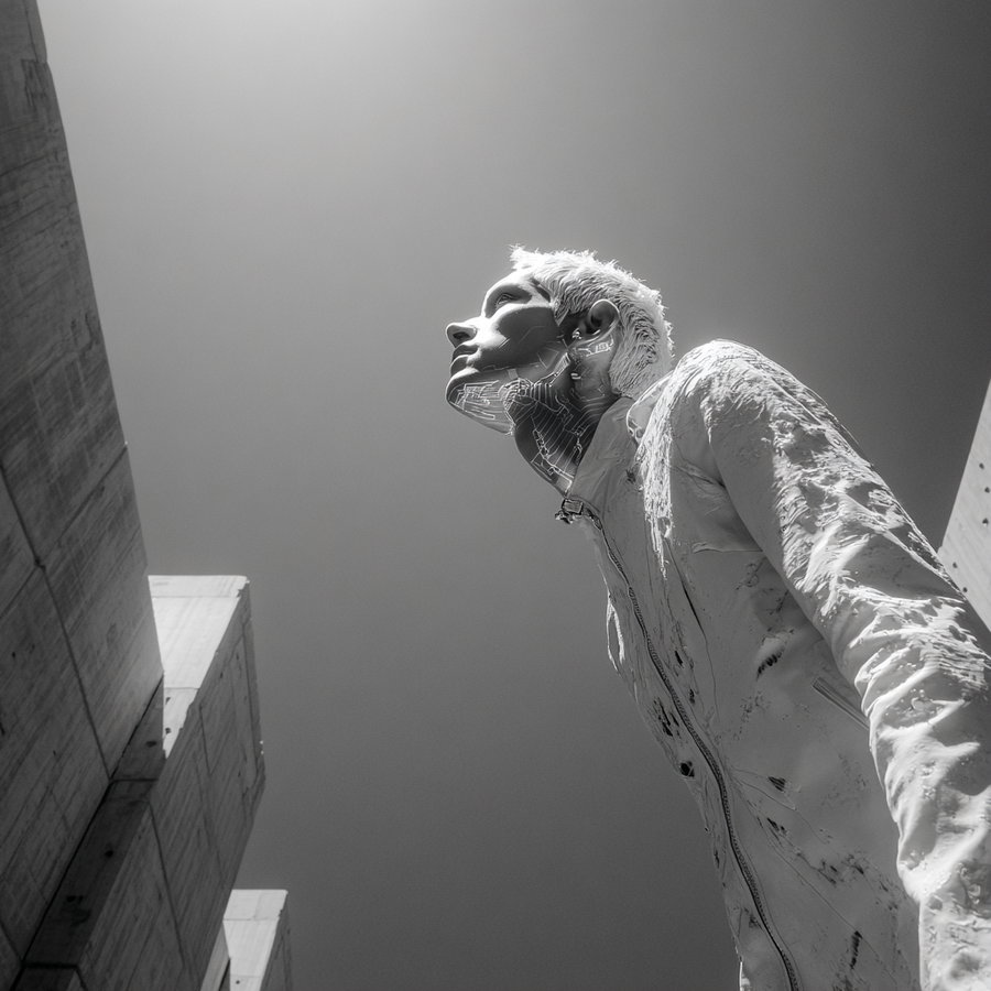 Black and white artistic portrait of a man with short light hair and a jacket with a zipper, shot from below against a clear sky and concrete building walls