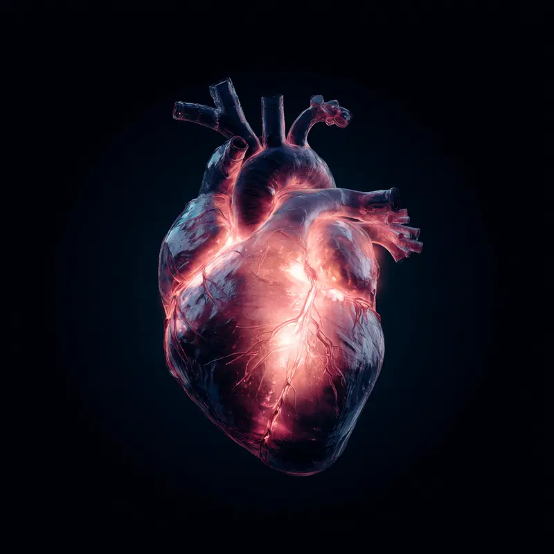 Detailed digital illustration of a human heart glowing against a dark background