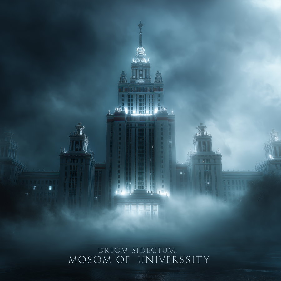 A tall, grand university building surrounded by mist and clouds with bright lights illuminating its facade against a dark, cloudy sky