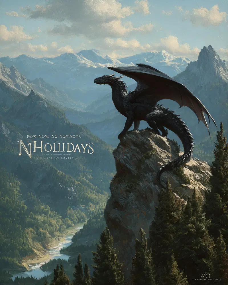 Majestic black dragon perched on a rock overlooking vast mountainous forest landscape