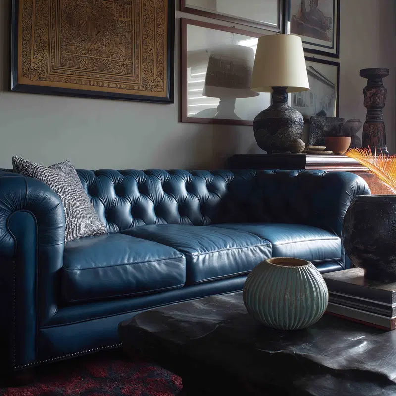 Cozy living room corner with a blue leather sofa and decorative items on a rustic table