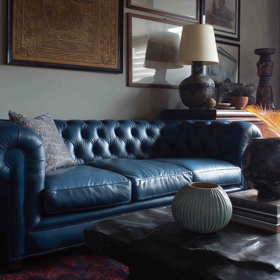 Blue leather tufted sofa with a patterned pillow next to a black rustic coffee table holding a round vase and stacked books, with framed art and decorative pottery behind