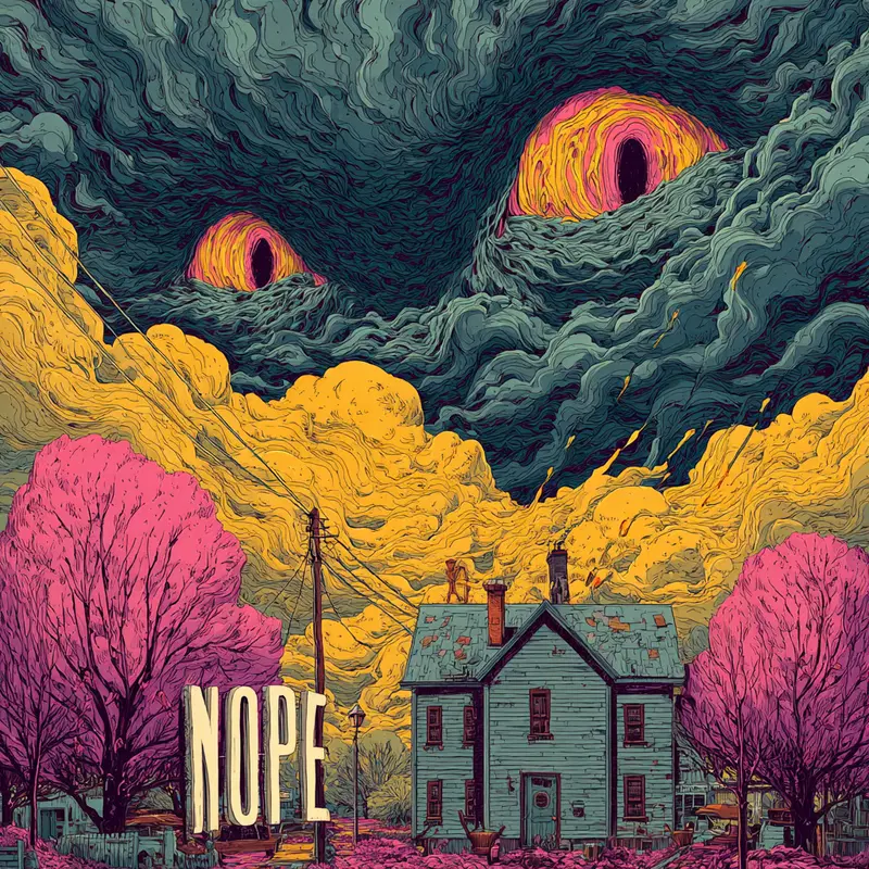 Surrealistic house scene with ominous giant eyes in the stormy sky