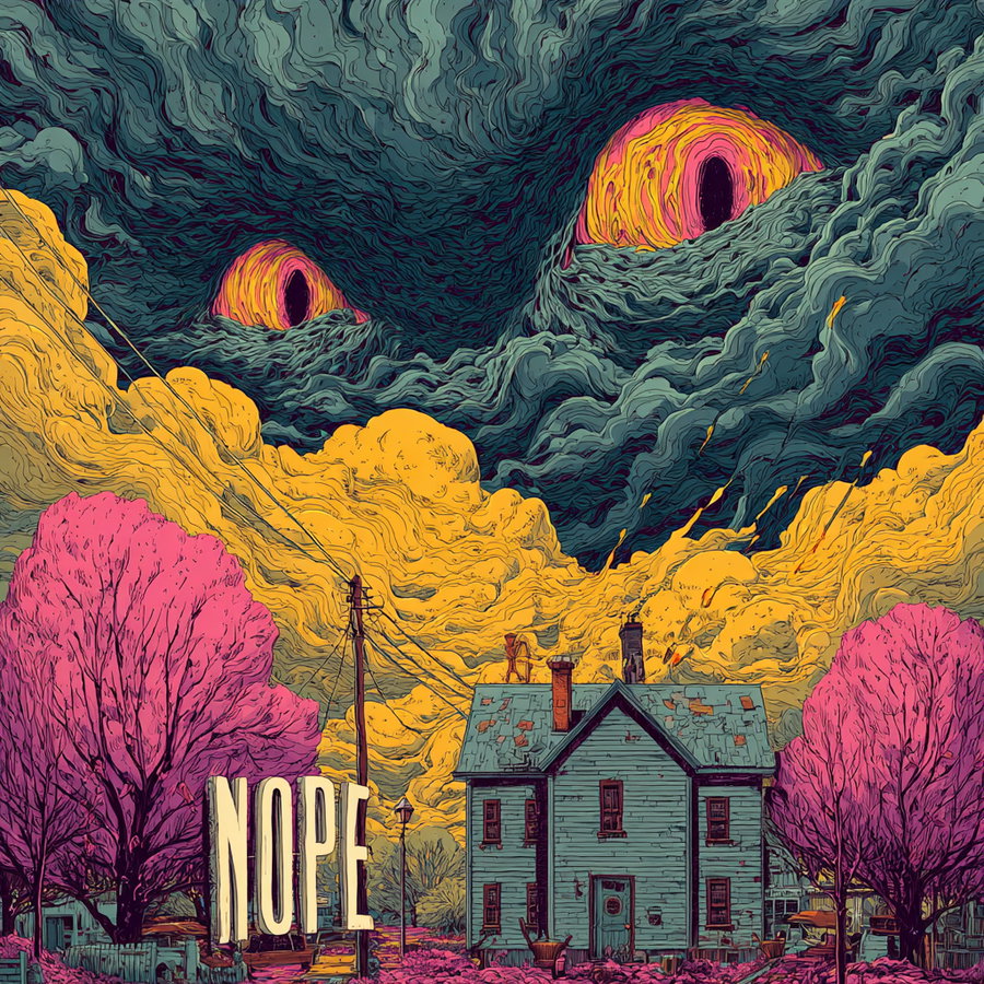 A detailed surreal artwork featuring a house surrounded by pink trees under a turbulent sky with giant glowing eyes watching from dark clouds