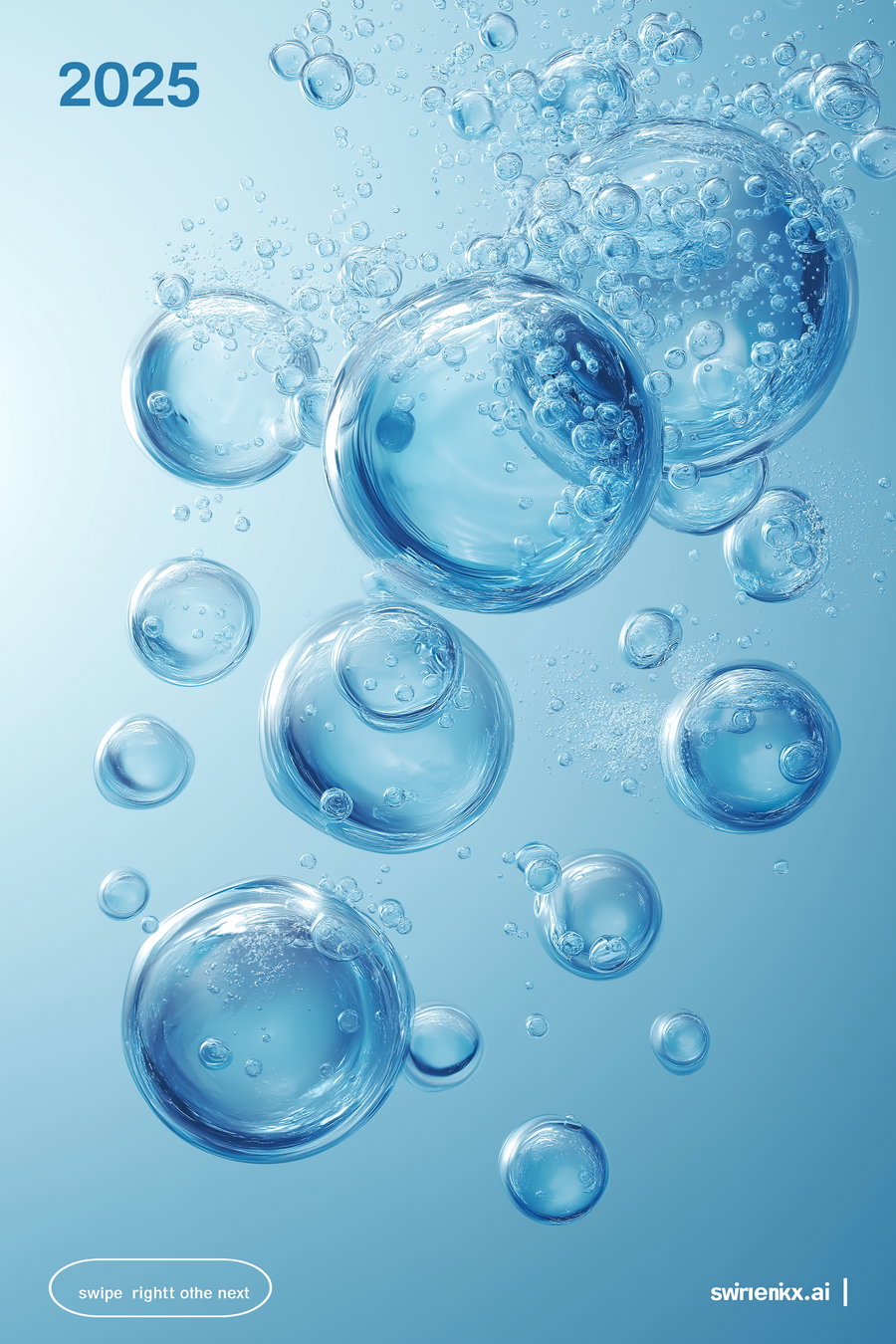 Multiple transparent water bubbles floating upward on a light blue gradient background with the year 2025 on top left