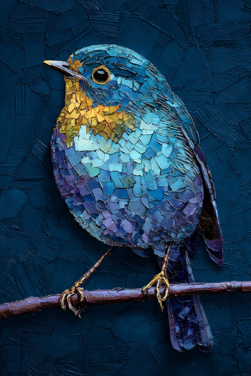 Textured oil painting of a blue and yellow bird perched on a branch