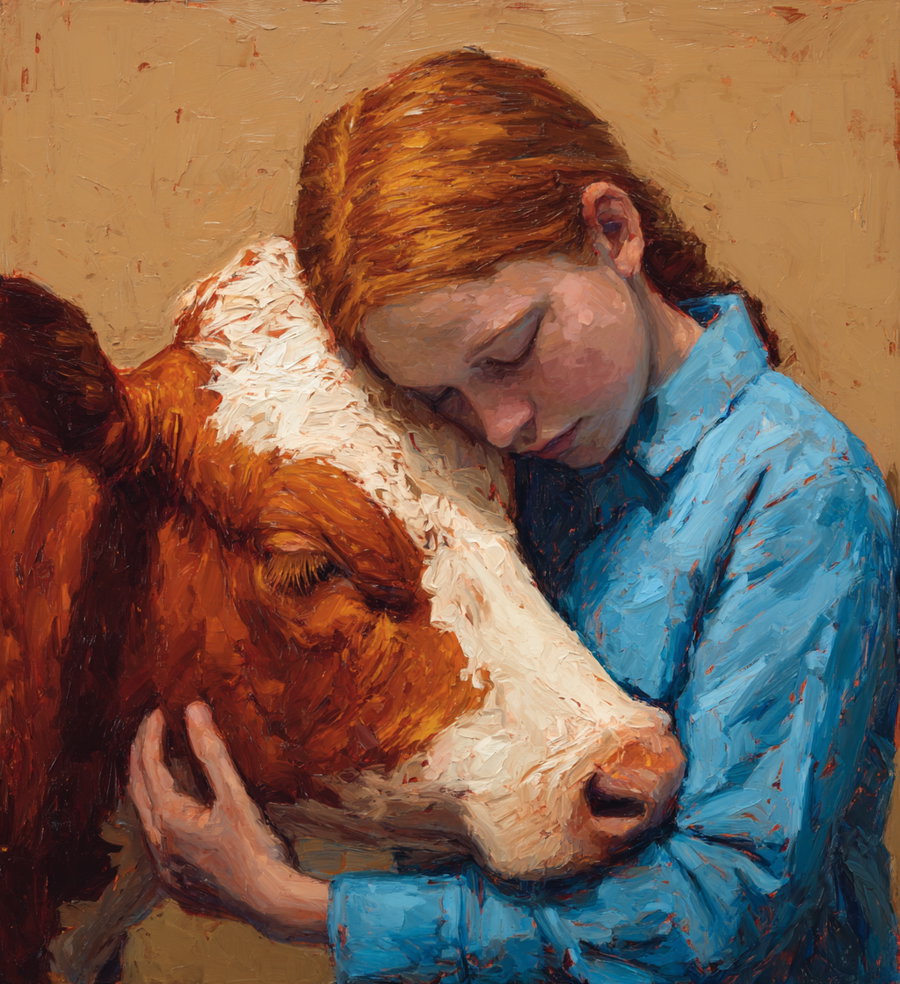 Oil painting of a girl with red hair and a blue shirt gently embracing a brown and white cow with their heads touching
