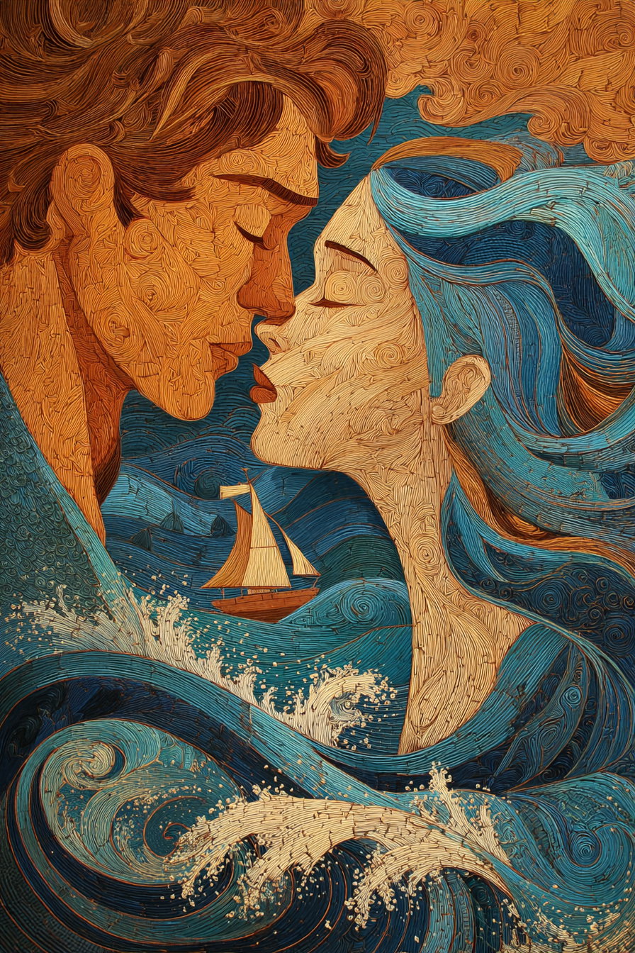 A stylized textured artwork of a man and woman facing each other with eyes closed and lips nearly touching, surrounded by swirling blue ocean waves and a small sailboat in the background