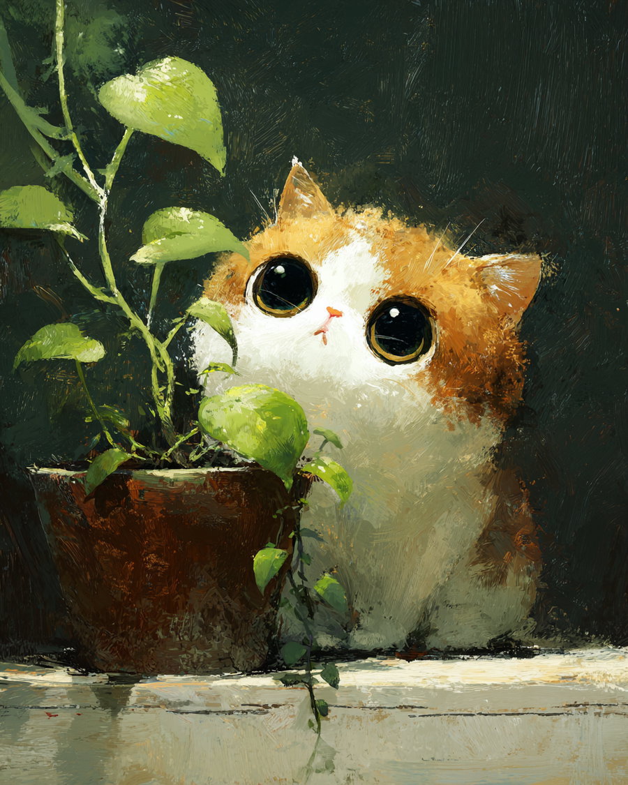A digital painting of a small, fluffy cat with big black shiny eyes sitting next to a brown pot with green leafy plant on a white surface, dark textured background