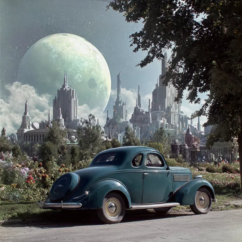 Vintage car in a garden with futuristic city and large moon in the background