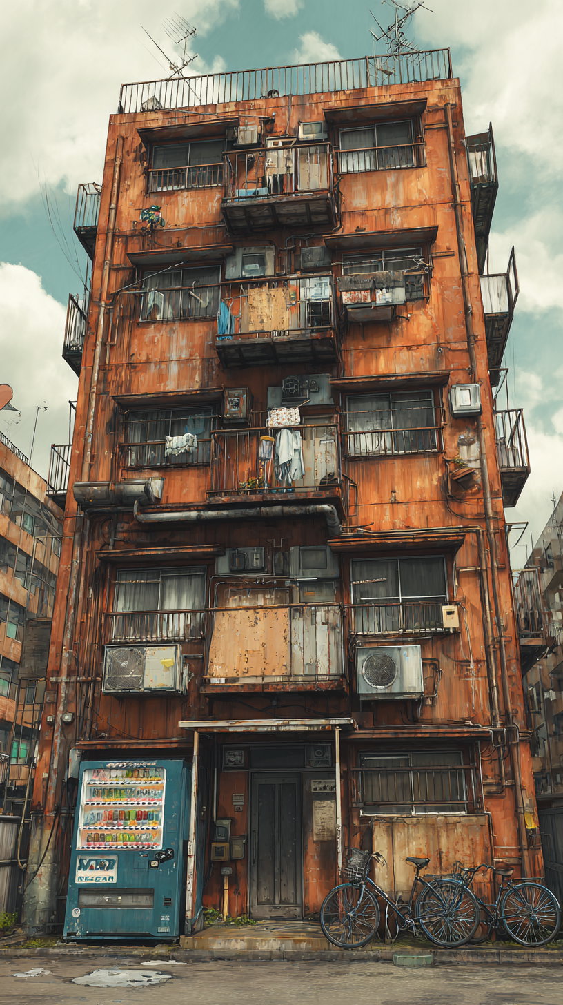 A rust-colored, weathered apartment building with balconies having laundry and air conditioning units. Below are a blue vending machine and two bicycles parked on the sidewalk. The sky is partly cloudy.
