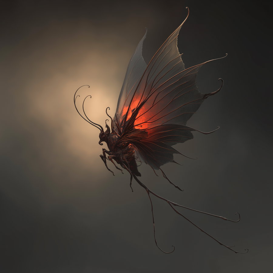 A detailed dark fantasy style insect with large translucent wings glowing red, flying against a moody, cloudy background with light illuminating behind it.