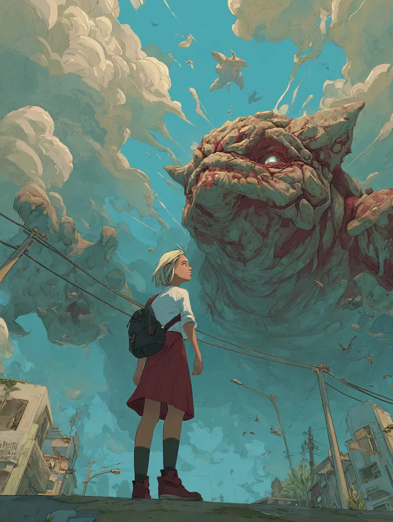 A young girl facing a giant stone turtle in a fantasy sky scene