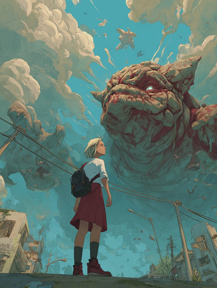 A girl with a backpack and red skirt standing on a road looking up at a massive stone turtle floating among stylized clouds and birds in a bright blue sky, with buildings and power lines surrounding the area