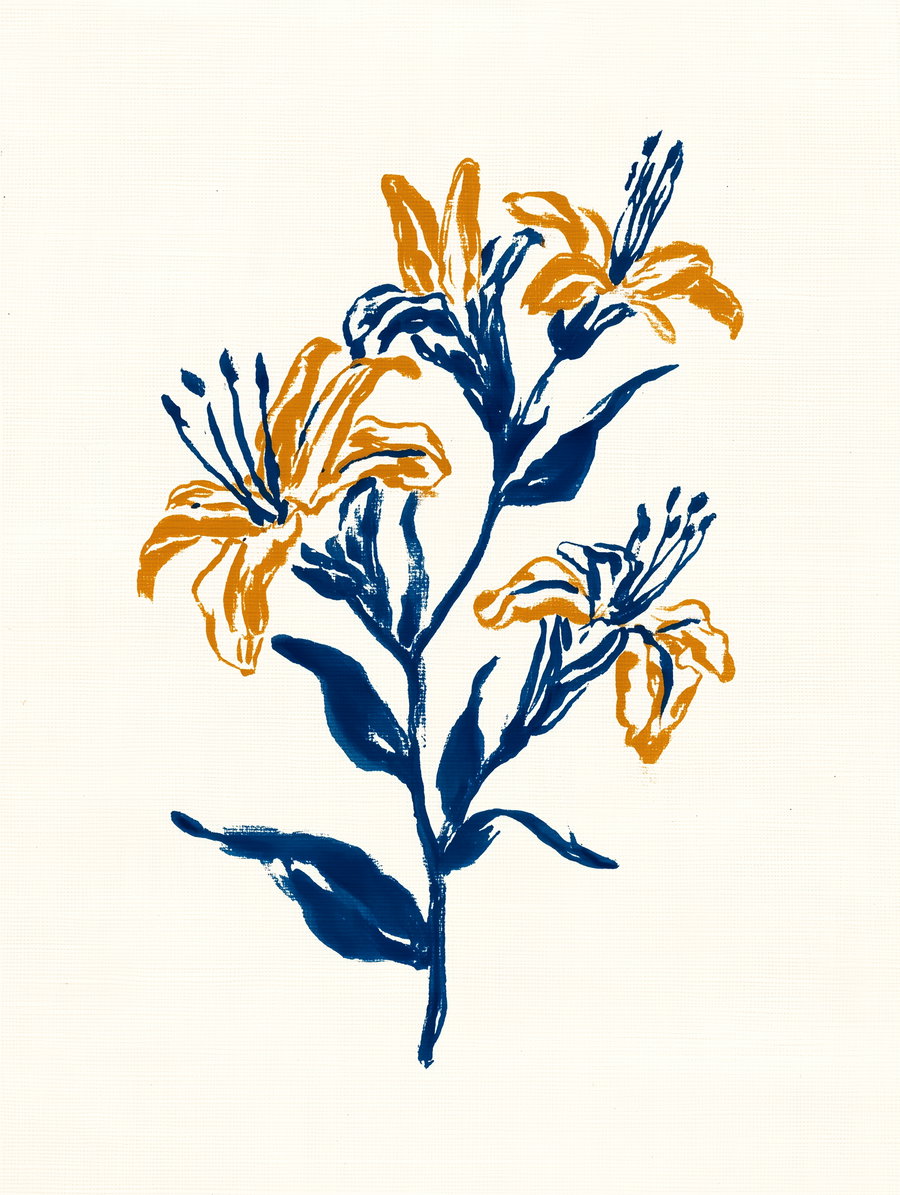Watercolor painting featuring a stem with blue leaves and orange lily flowers on a light background