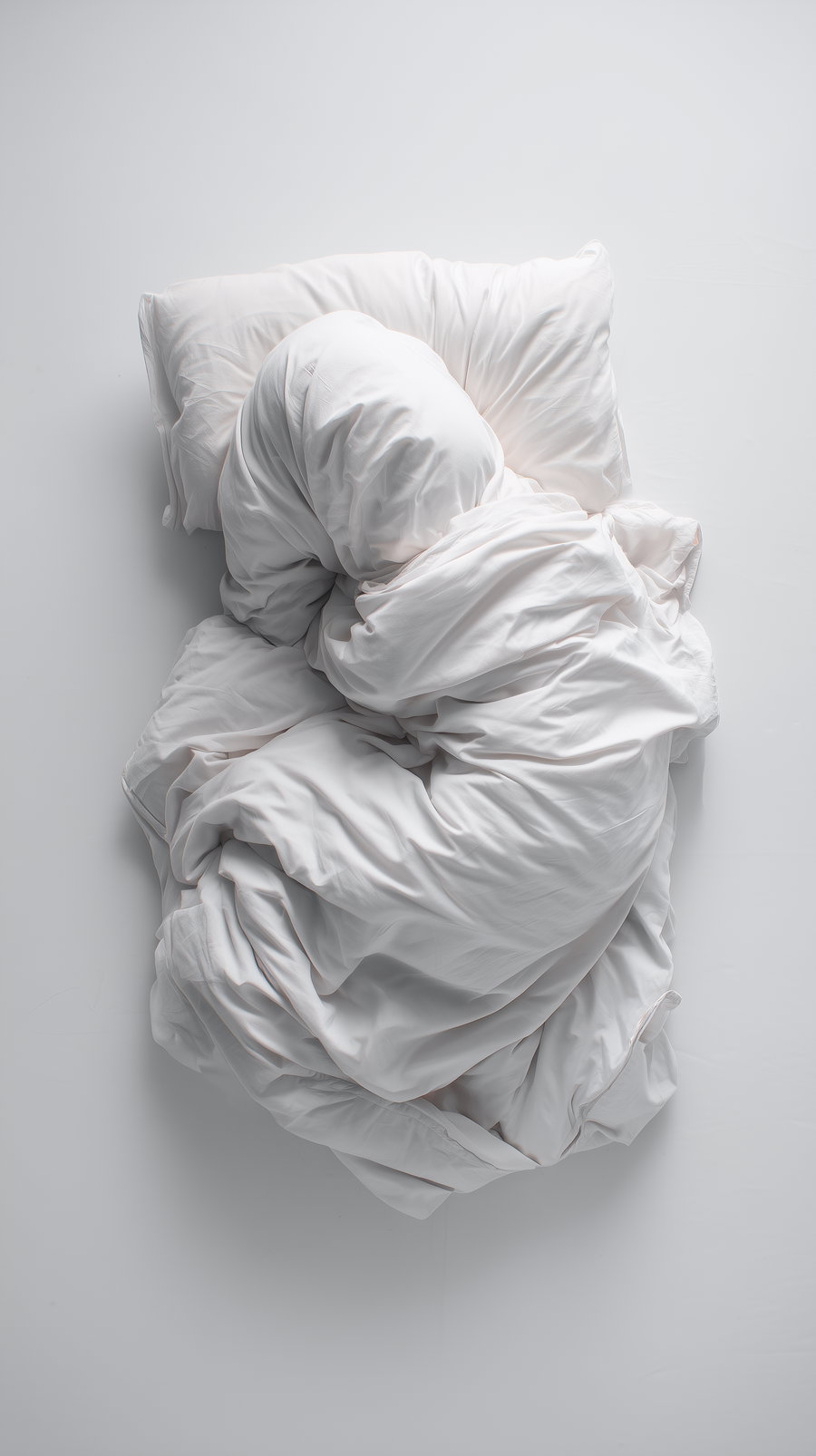 A person completely wrapped in white bed sheets lying on a white surface in a curled fetal position with head resting on a pillow