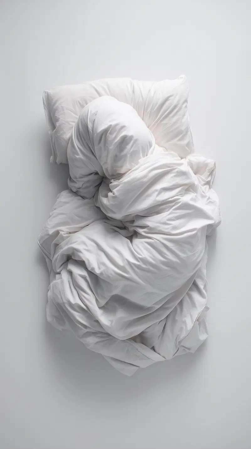 Top view of a person curled up under white bed sheets and pillow in a fetal position