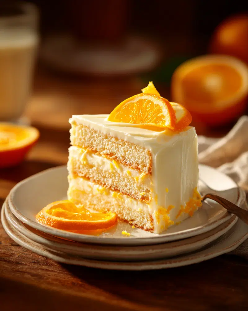 A slice of creamy orange layered cake with fresh orange slices on a plate