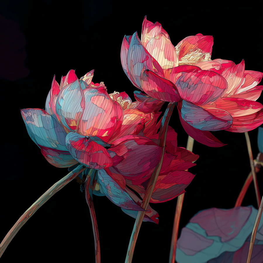 Illustration of three lotus flowers with red and blue petals and detailed line textures on thin stems, set on a black background