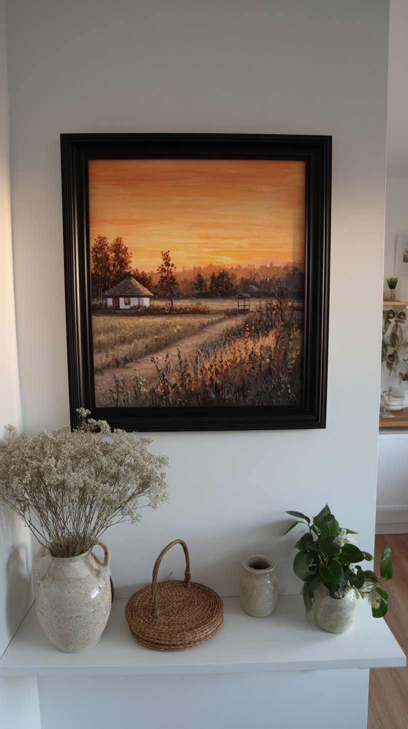 A framed painting depicting a rural scene with a dirt path leading to a small white house surrounded by trees under a vivid orange sunset sky