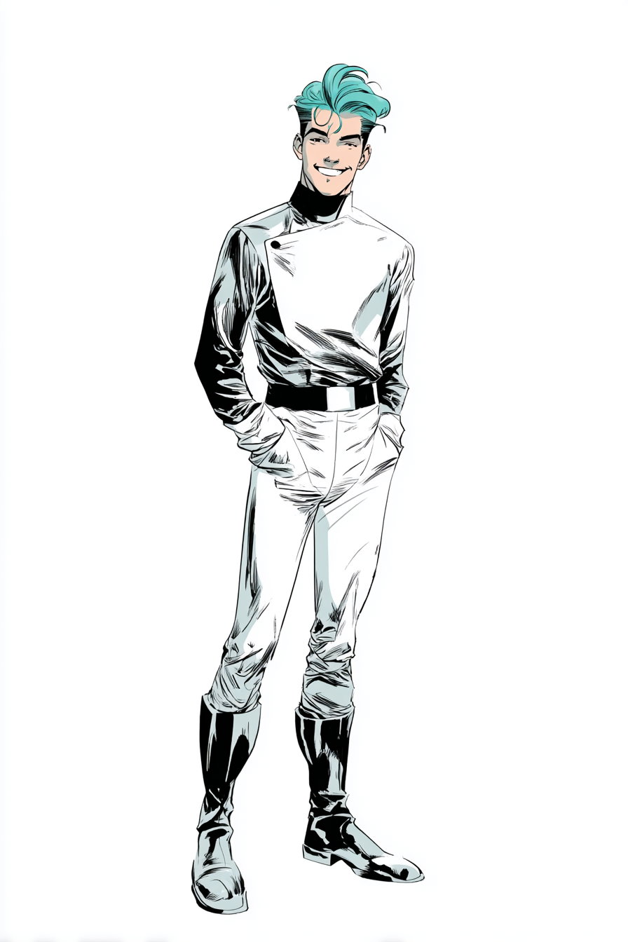 Illustration of a smiling young man with turquoise styled hair wearing a white and black futuristic outfit with black boots, standing with hands in pockets