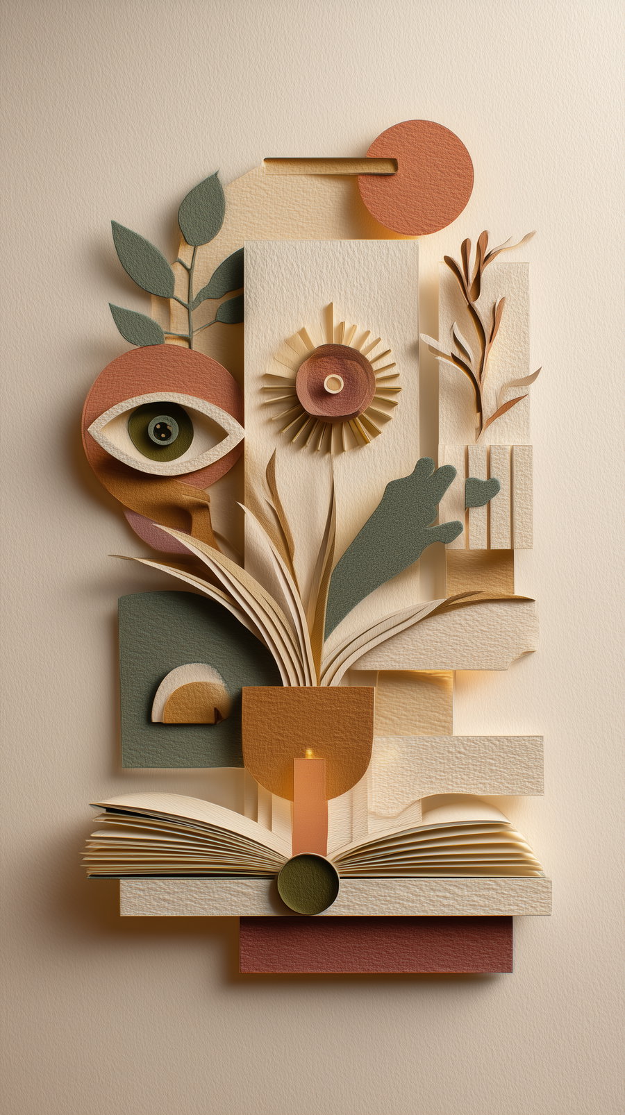 An abstract artwork composed of textured paper elements including a stylized eye, a flower, leaves, an open book, and various geometric shapes in earthy tones on a beige background.