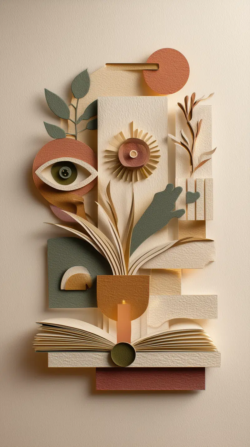 Abstract paper art composition featuring plants, an eye, and geometric shapes