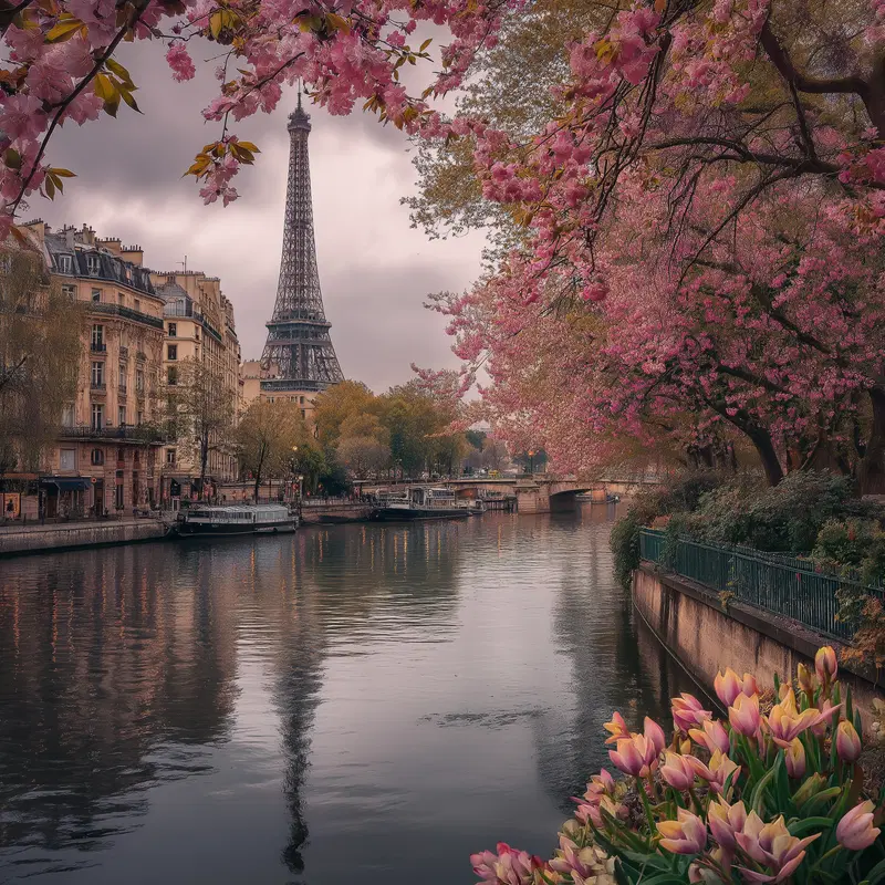 Paris river scene with Eiffel Tower framed by blooming spring flowers and trees