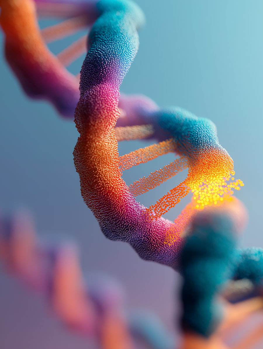 A detailed digital rendering of a DNA double helix with vibrant colors including blue, orange, and purple, showing textured particles and strands against a soft blurred background.