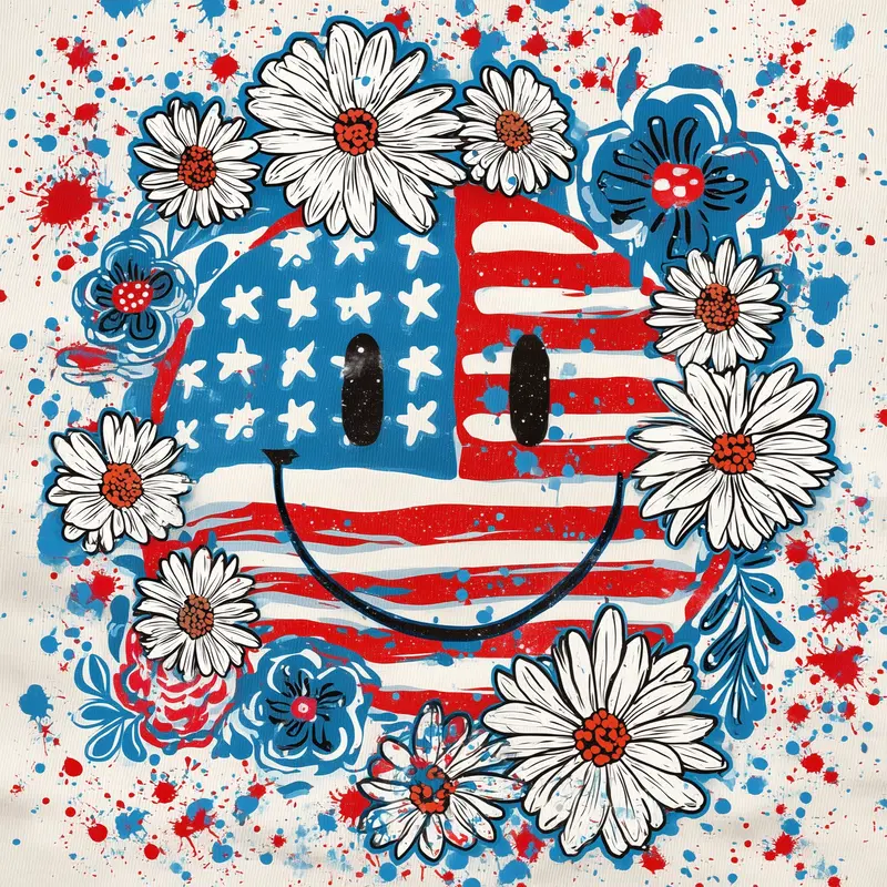 Colorful smiley face with American flag colors surrounded by floral design