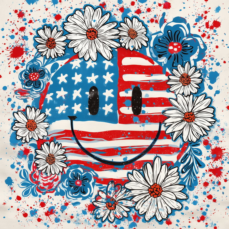 A colorful artistic smiley face painted with the American flag pattern, surrounded by white daisies and blue flowers on a white background with red and blue paint splatters.