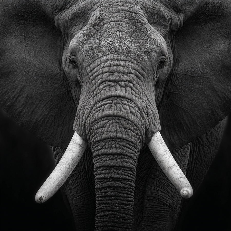 Black and white close-up image of an elephant's face showing detailed textures of skin and tusks