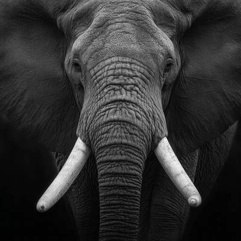 Close-up detailed black and white photograph of an elephant with tusks