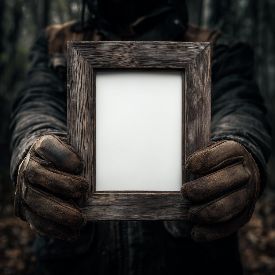 A person wearing brown gloves and dark clothing holding a rustic wooden blank photo frame outdoors with a blurred forest background