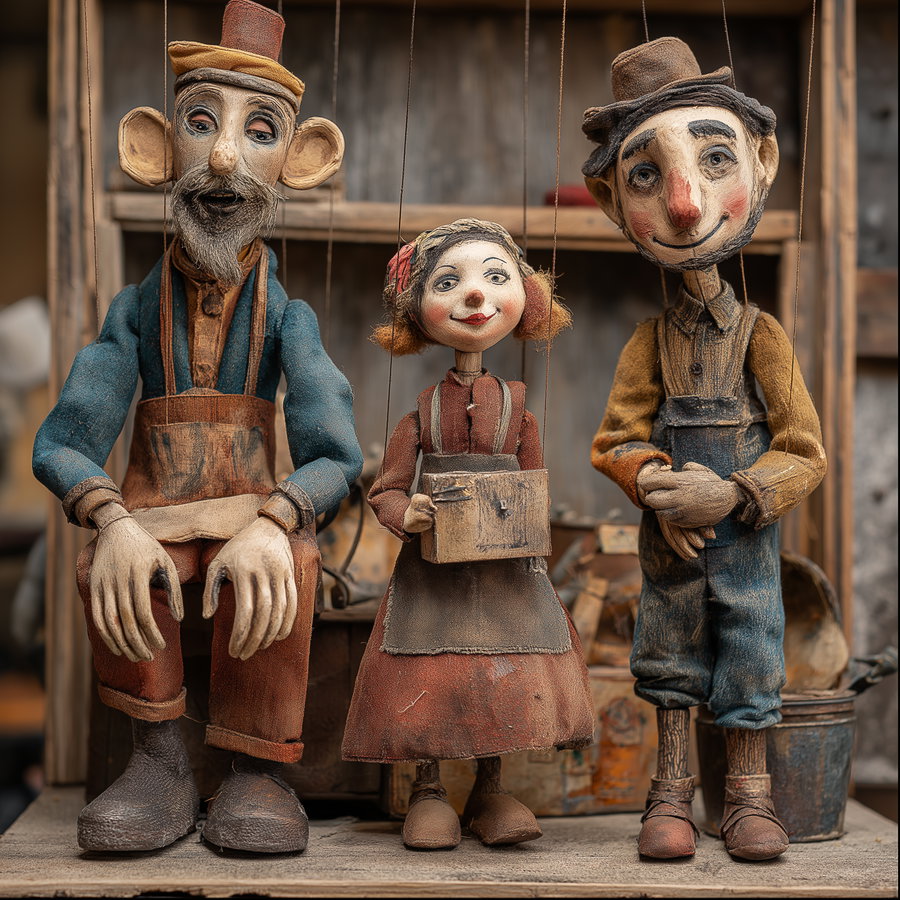 Three handcrafted marionette puppets standing on a wooden surface with strings attached; characters include an older man with a beard and tall hat, a young girl holding a small box, and a smiling man with a hat and suspenders, all dressed in vintage-style clothing