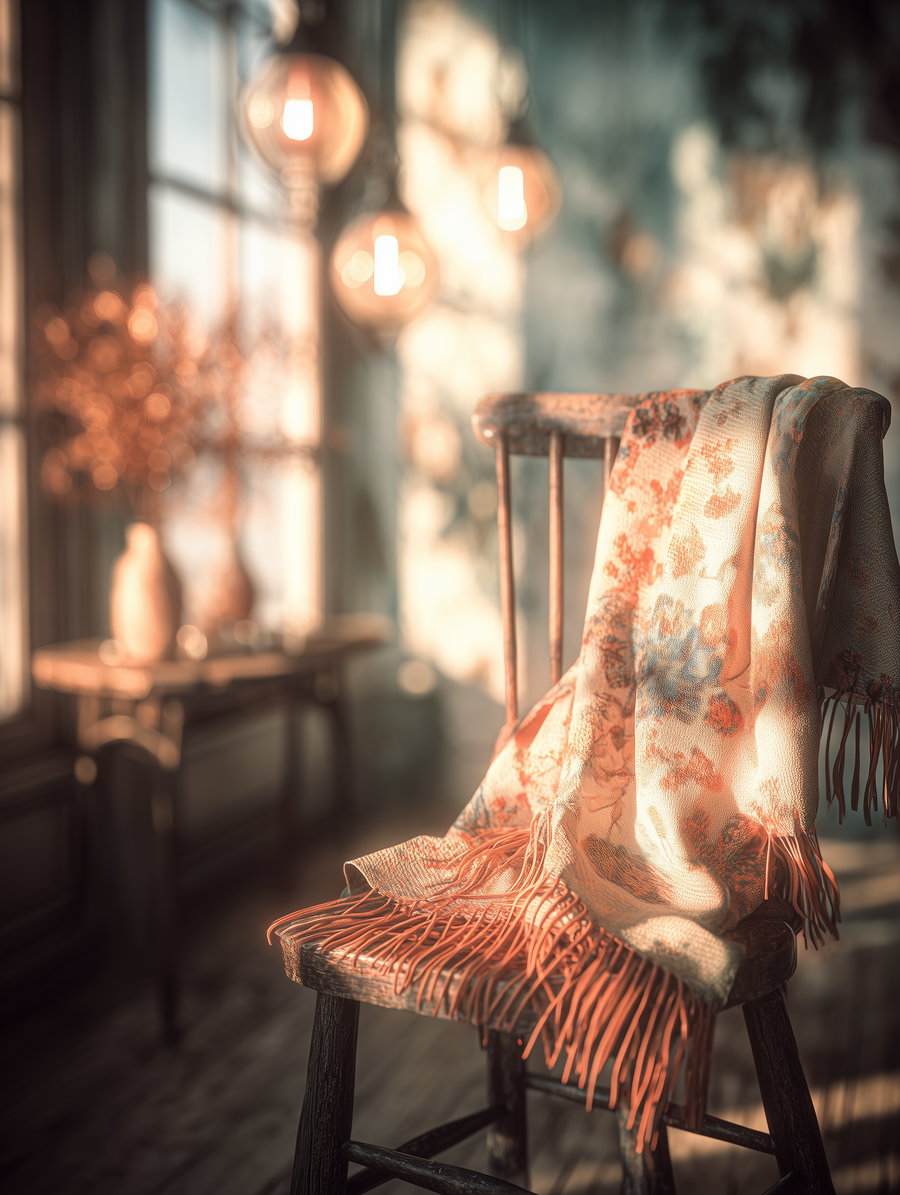 A floral patterned scarf with fringe is draped over a dark wooden chair. Soft sunlight filters through a nearby window, illuminating the scarf and casting warm shadows. In the blurred background, there is a wooden table with vases and decorative items, and hanging spherical lights.