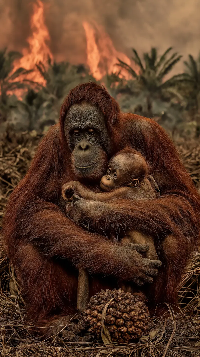 A touching moment between an adult and baby orangutan amidst a burning forest