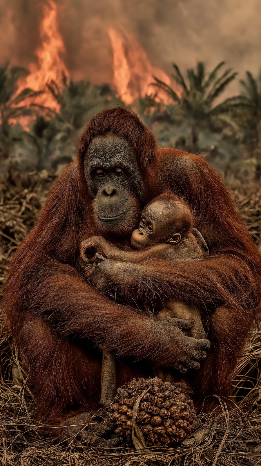 An adult orangutan holding and comforting a baby orangutan in a dry forest area with palm trees and flames in the background