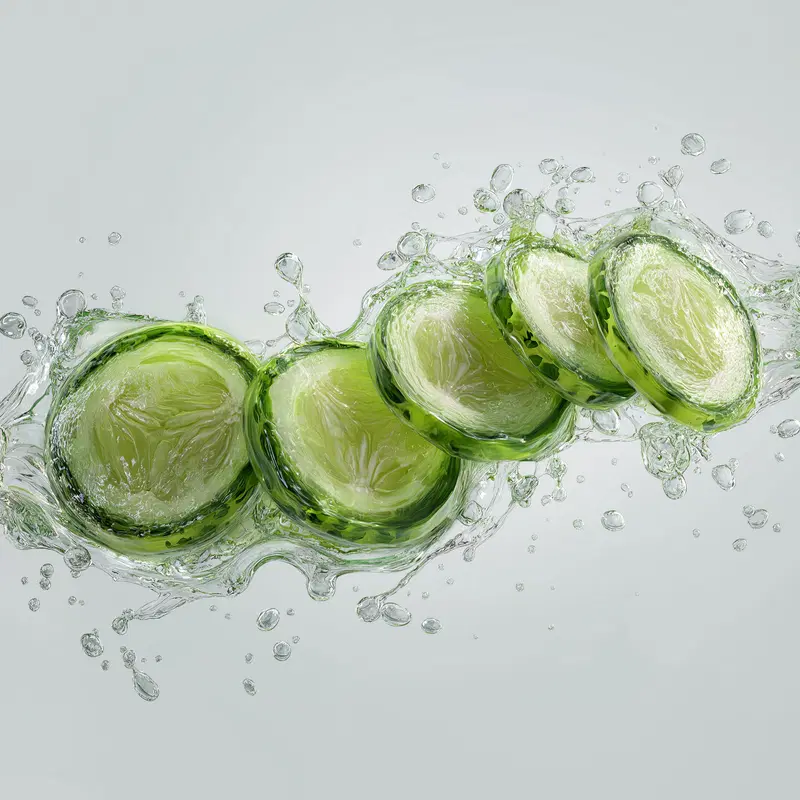 Fresh cucumber slices splashing through water captured in vivid detail