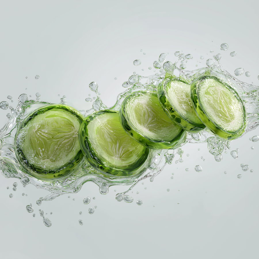 Multiple cucumber slices caught mid-air with water splashing around against a pale background