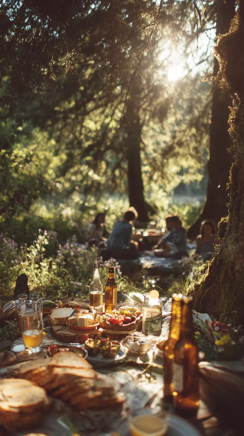 Cozy outdoor picnic scene with bread, drinks, and people gathered in forest
