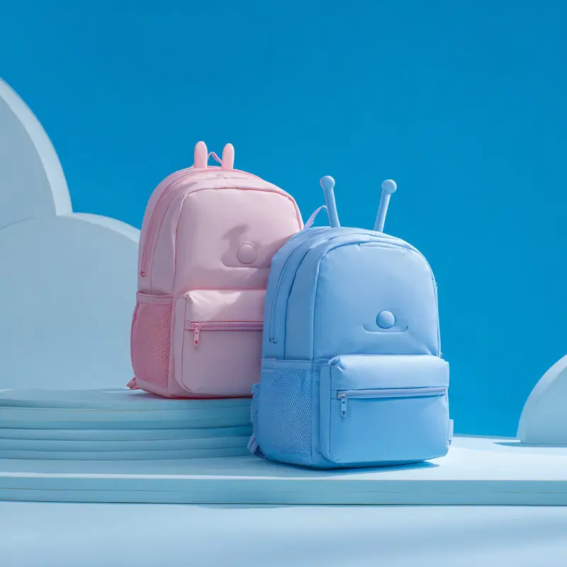 Cute pink and blue backpacks with playful antenna designs on pastel blue background