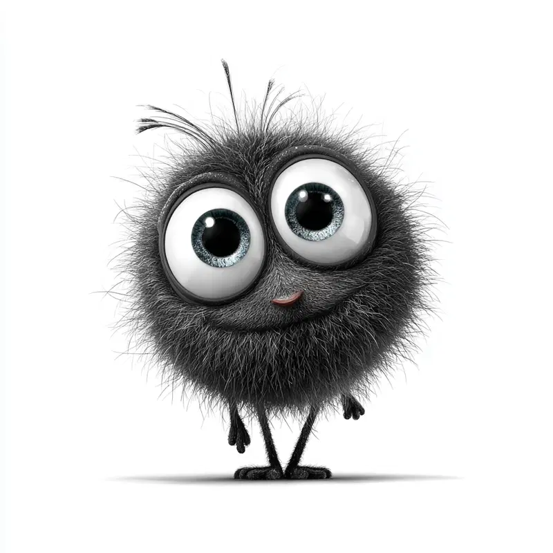 Adorable fluffy black cartoon creature with big blue eyes standing on white