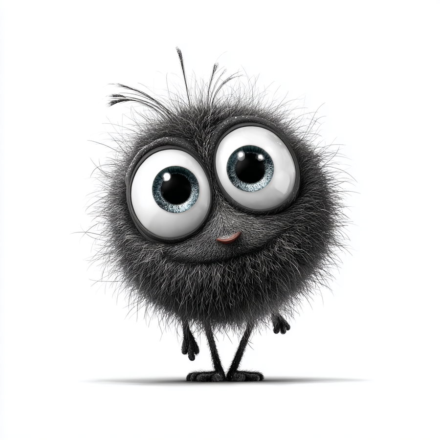 A cute, fuzzy black cartoon creature with oversized blue eyes, a small smile, and thin legs standing against a white background.