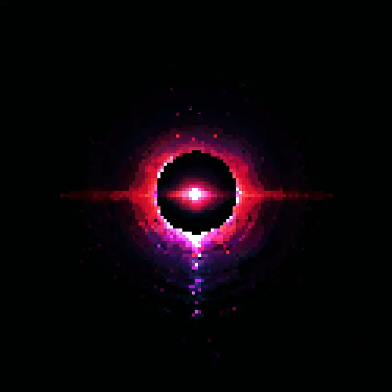 Abstract pixelated image with glowing red and purple circular patterns on black background