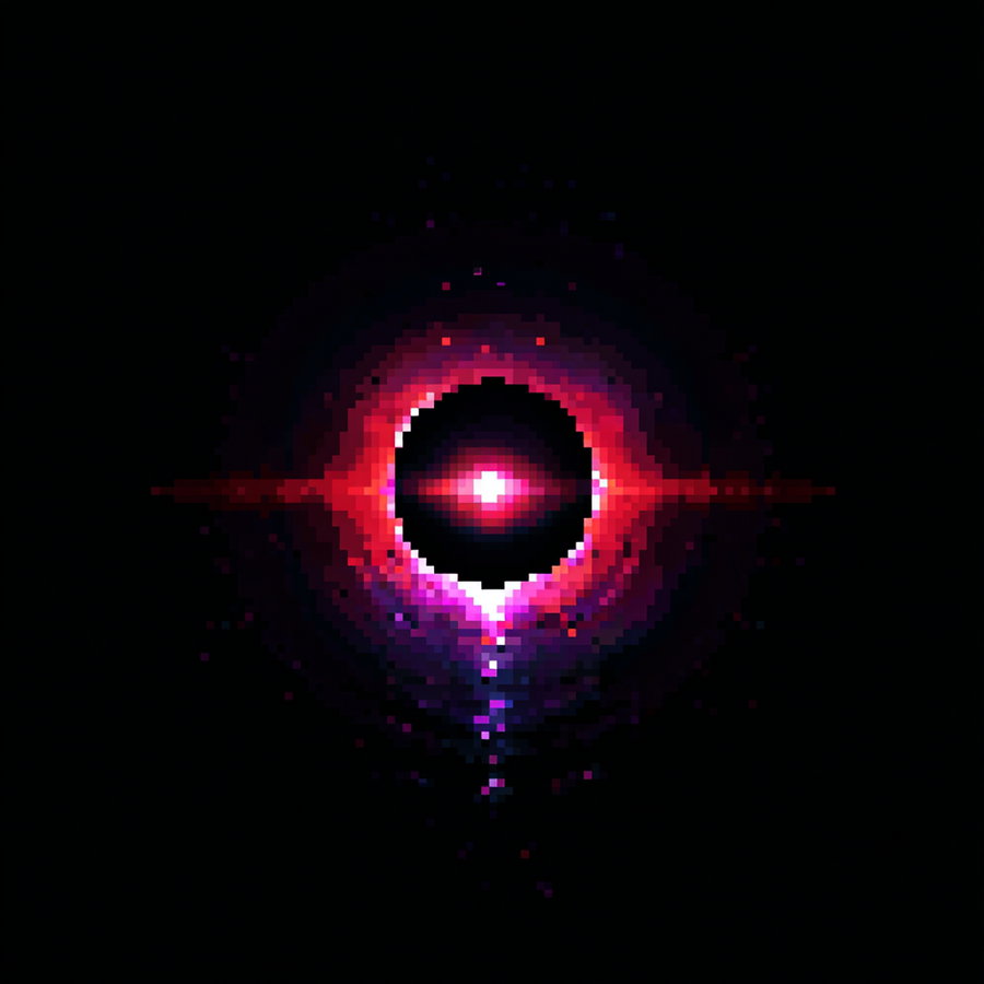 Pixelated circular pattern with a bright central light surrounded by red and purple hues on a black background