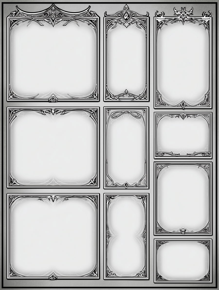 A collection of multiple ornate black and white decorative frames in different rectangular and vertical shapes arranged in a grid pattern