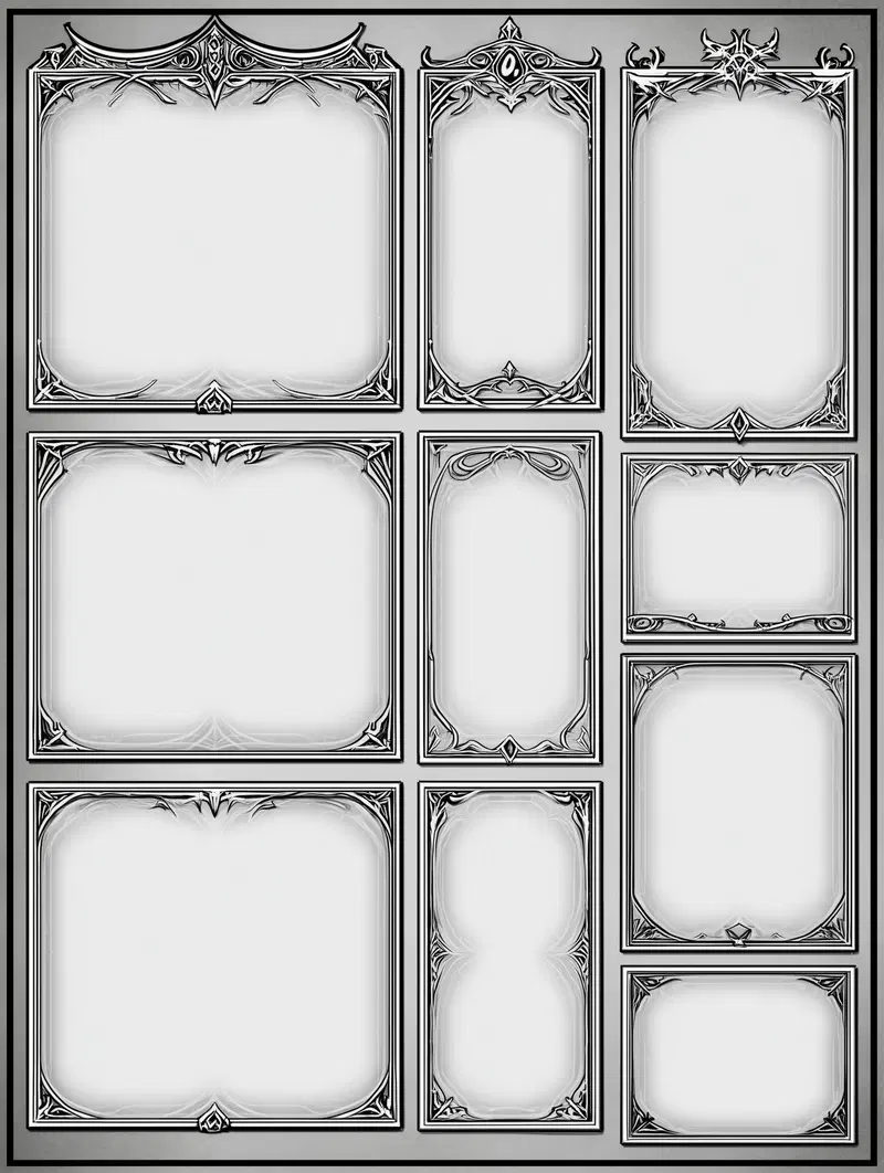 Intricate decorative black and white frame designs in various rectangular shapes
